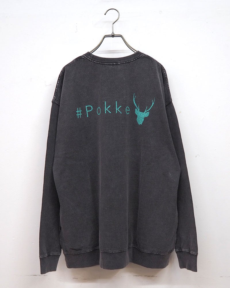 Pokke ポッケ ケミカル加工両脇ポケットプリントL/S TEE 長袖Tシャツ ロンT ケミカルウォッシュ ヴィンテージ加工 反転シカプリント ロゴプリント 両脇ポケット付き ドロップショルダー ビッグシルエット ユニセックス フリーサイズ ゆったり アメカジ ストリート秋冬コーデ ボルドーグレー
