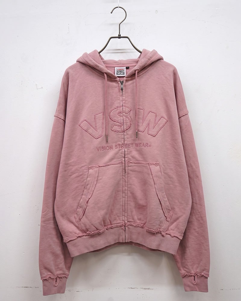 VISION STREET WEAR ヴィジョンストリートウェア ピグメントZIPパーカー ジップアップパーカー ピグメント加工 ヴィンテージ風 立体VSWロゴ CutOff加工 切りっぱなし セットアップ対応 ユニセックス フリーサイズ ストリート グランジ秋冬コーデ 迷彩グレーチャコール