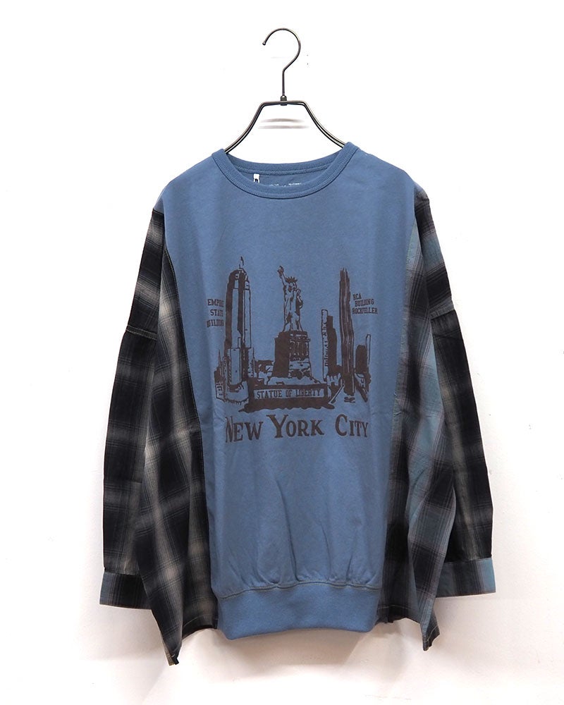 LIME.INC ライムインク 布帛袖切替ロングスリーブ 長袖Tシャツ 自由の女神プリント 異素材切替 チェック柄布帛 クレイジーパターン リメイク風 ドロップショルダー オーバーサイズ ゆったり 体型カバー レディース フリーサイズ アメカジ 古着風秋冬コーデ