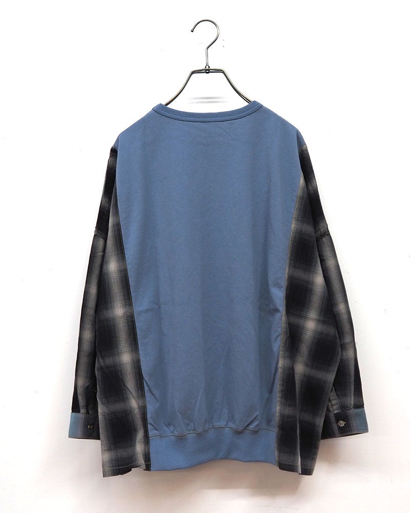 LIME.INC ライムインク 布帛袖切替ロングスリーブ 長袖Tシャツ 自由の女神プリント 異素材切替 チェック柄布帛 クレイジーパターン リメイク風 ドロップショルダー オーバーサイズ ゆったり 体型カバー レディース フリーサイズ アメカジ 古着風秋冬コーデ