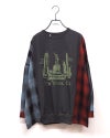 LIME.INC ライムインク 布帛袖切替ロングスリーブ 長袖Tシャツ 自由の女神プリント 異素材切替 チェック柄布帛 クレイジーパターン リメイク風 ドロップショルダー オーバーサイズ ゆったり 体型カバー レディース フリーサイズ アメカジ 古着風秋冬コーデ