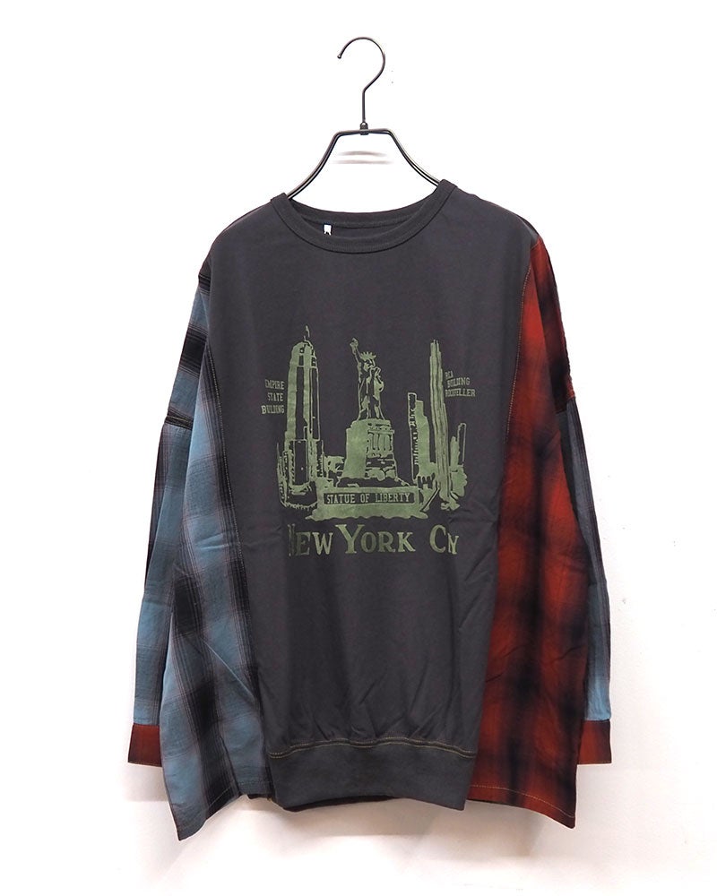 LIME.INC ライムインク 布帛袖切替ロングスリーブ 長袖Tシャツ 自由の女神プリント 異素材切替 チェック柄布帛 クレイジーパターン リメイク風 ドロップショルダー オーバーサイズ ゆったり 体型カバー レディース フリーサイズ アメカジ 古着風秋冬コーデ