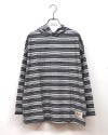 マルチボーダーフードロングスリーブT 長袖Tシャツ フード付きカットソー マルチボーダー柄 サイドスリット ネームタグ ドロップショルダー ビッグシルエット オーバーサイズ ユニセックス レディース ゆったり 体型カバー アメカジ ストリート古着風秋冬コーデ グリーンブラウンブラック