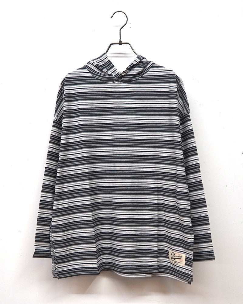 マルチボーダーフードロングスリーブT 長袖Tシャツ フード付きカットソー マルチボーダー柄 サイドスリット ネームタグ ドロップショルダー ビッグシルエット オーバーサイズ ユニセックス レディース ゆったり 体型カバー アメカジ ストリート古着風秋冬コーデ グリーンブラウンブラック
