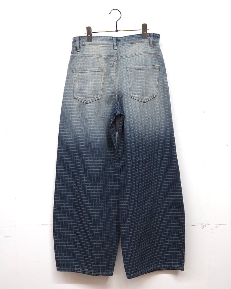BIT BLUE ビットブルー 格子柄デニム チェック柄 デニムパンツ ウォッシュ加工 グラデーション フェード加工 ワイドシルエット コクーンデニム バレルパンツ ジーンズ ジーパン レディース ボトムス ヴィンテージ風古着風大人カジュアル通年コーデ ブルー