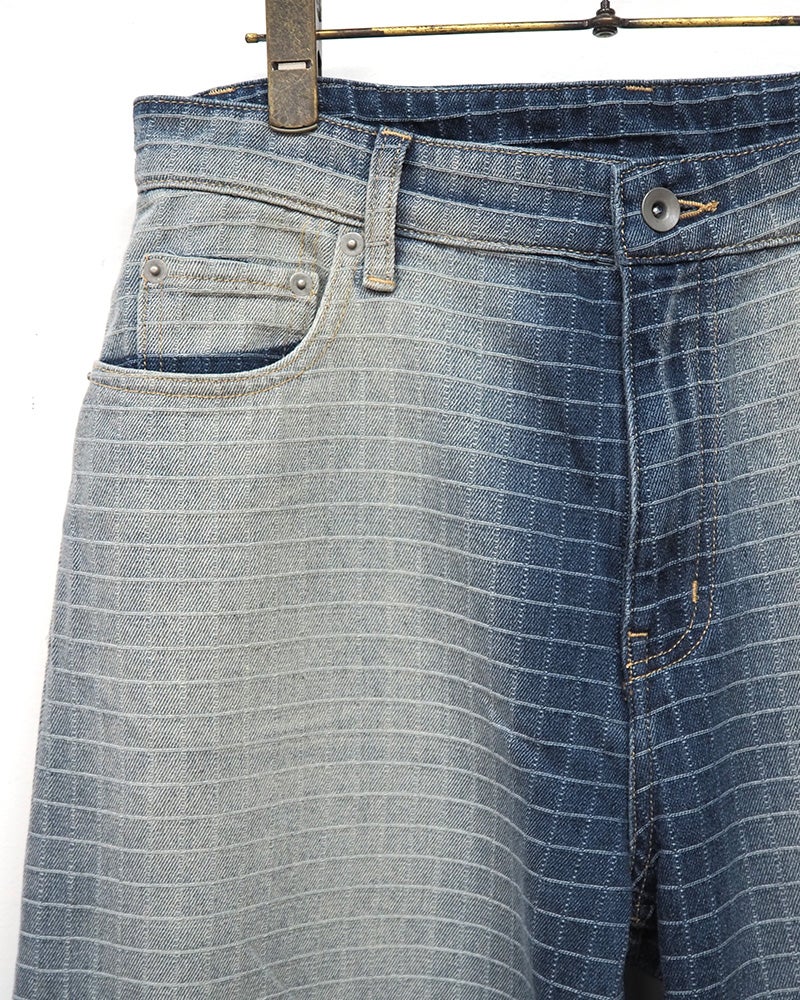 BIT BLUE ビットブルー 格子柄デニム チェック柄 デニムパンツ ウォッシュ加工 グラデーション フェード加工 ワイドシルエット コクーンデニム バレルパンツ ジーンズ ジーパン レディース ボトムス ヴィンテージ風古着風大人カジュアル通年コーデ ブルー