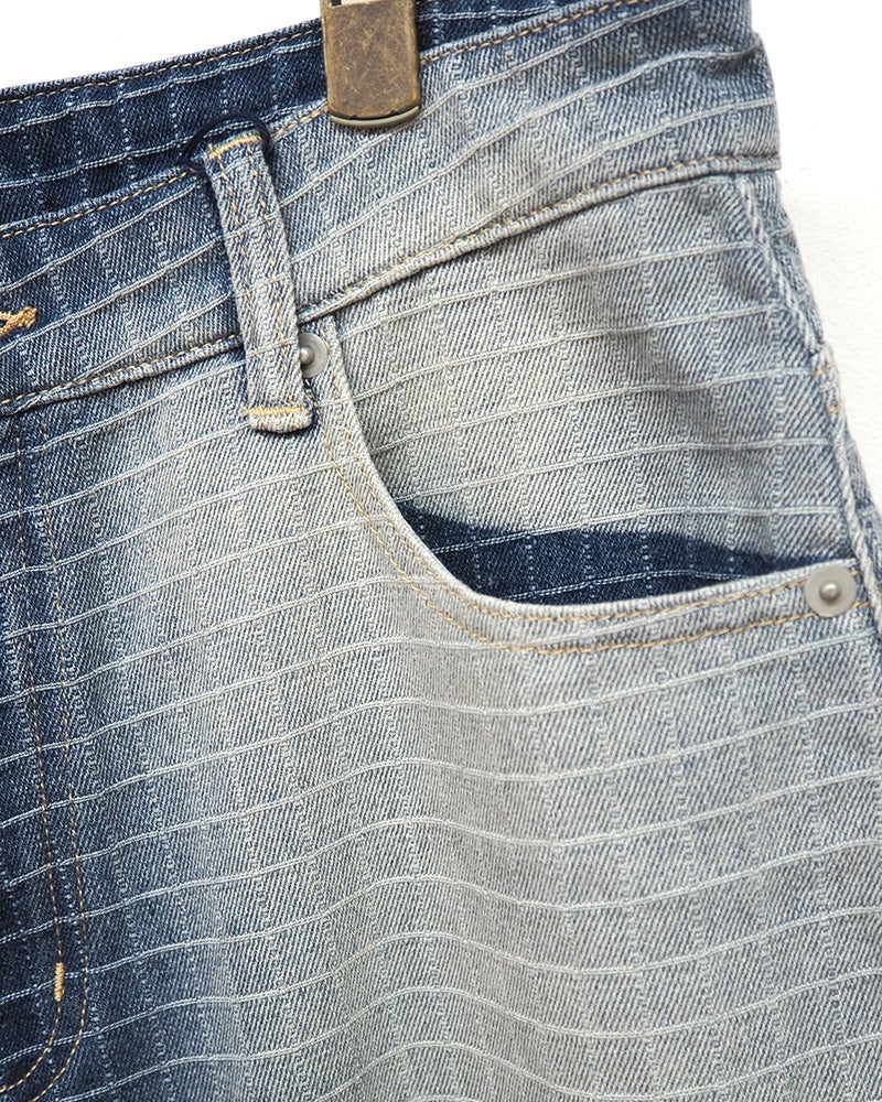 BIT BLUE ビットブルー 格子柄デニム チェック柄 デニムパンツ ウォッシュ加工 グラデーション フェード加工 ワイドシルエット コクーンデニム バレルパンツ ジーンズ ジーパン レディース ボトムス ヴィンテージ風古着風大人カジュアル通年コーデ ブルー