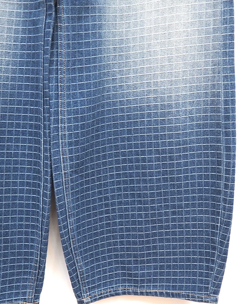 BIT BLUE ビットブルー 格子柄デニム チェック柄 デニムパンツ ウォッシュ加工 グラデーション フェード加工 ワイドシルエット コクーンデニム バレルパンツ ジーンズ ジーパン レディース ボトムス ヴィンテージ風古着風大人カジュアル通年コーデ ブルー