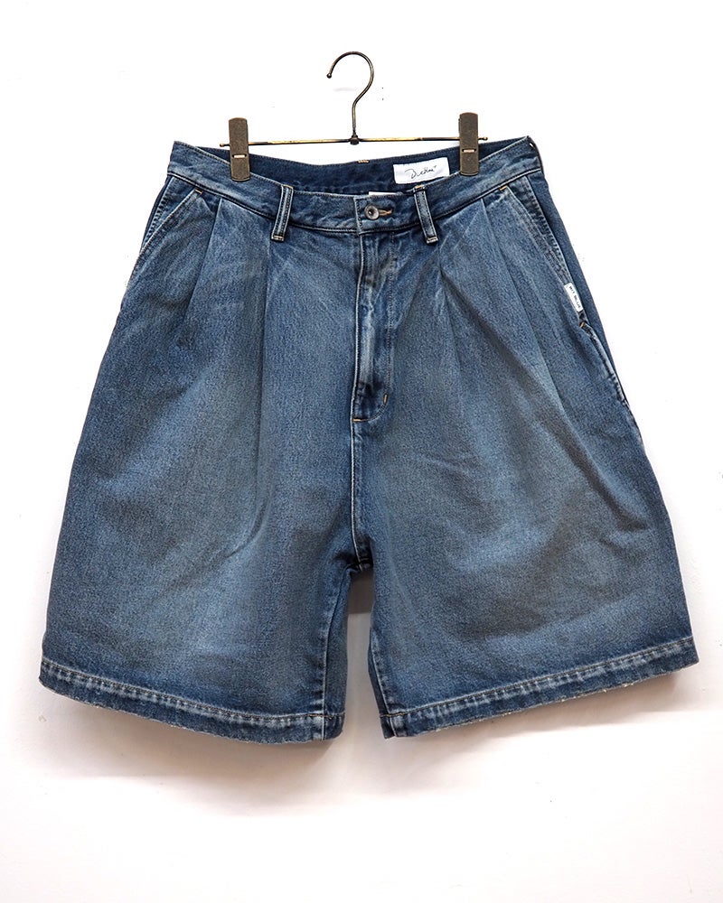 BIT BLUE ビットブルー デニムタックショーツ タックデニム ハーフパンツ バミューダパンツ ショートパンツ デニムショーツ ウォッシュ加工 ハイウエスト ワイドシルエット レディース ボトムス ヴィンテージ風大人カジュアル通年コーデ ブルー