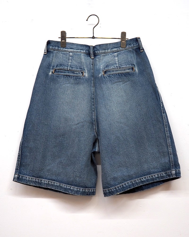 BIT BLUE ビットブルー デニムタックショーツ タックデニム ハーフパンツ バミューダパンツ ショートパンツ デニムショーツ ウォッシュ加工 ハイウエスト ワイドシルエット レディース ボトムス ヴィンテージ風大人カジュアル通年コーデ ブルー