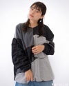 ギャザースリーブデニムMIXパネルプルオーバー スウェット パッチワーク風 異素材切替 デニム切替 カットオフ フリンジ 袖ギャザー ボリュームスリーブ オーバーサイズ リメイク風 ゆったり 体型カバー レディース フリーサイズ アメカジ ストリート古着風秋冬コーデ レンガブラック