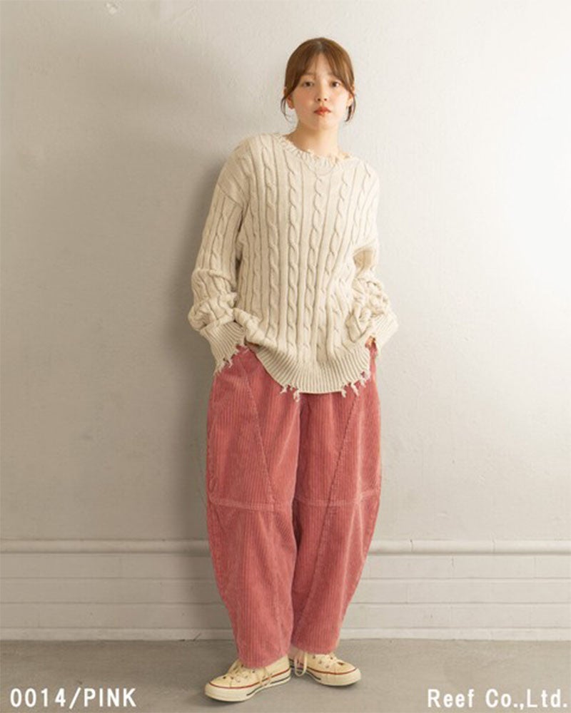 コーデュロイパンツ ボールパンツ コクーンパンツ ウネ切替 異素材切替 ウエスト総ゴム 内紐付き イージーパンツ レディース ボトムス フリーサイズ ゆったり 体型カバー ナチュラルカジュアル秋冬コーデ ブラウン（