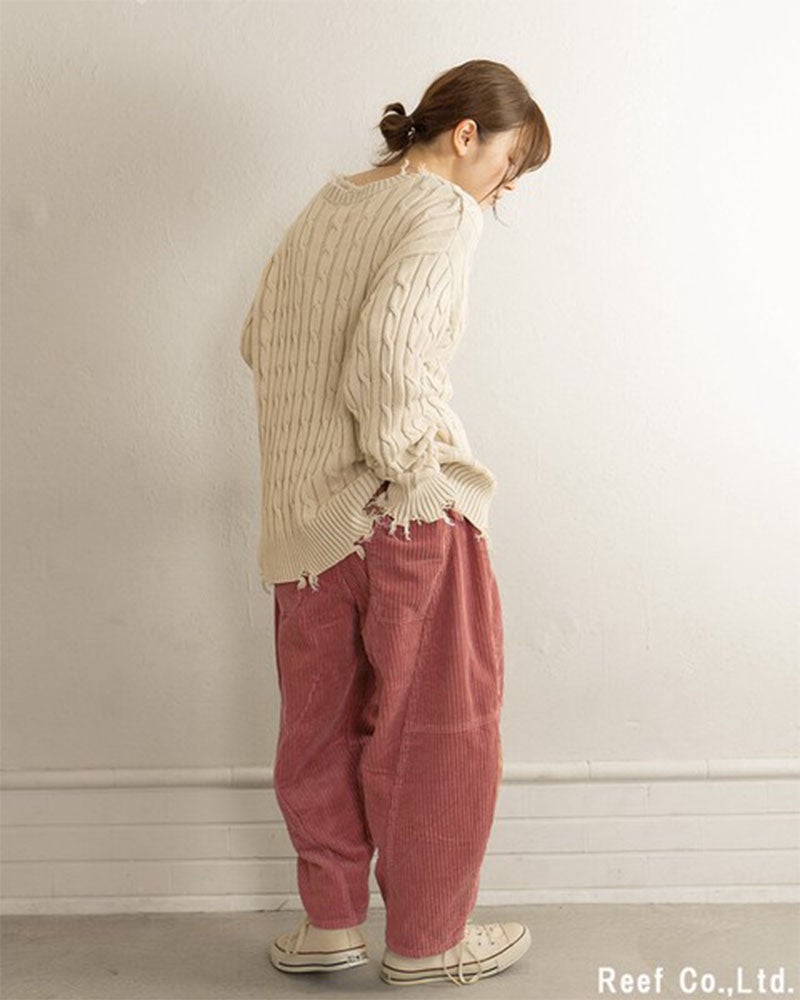 コーデュロイパンツ ボールパンツ コクーンパンツ ウネ切替 異素材切替 ウエスト総ゴム 内紐付き イージーパンツ レディース ボトムス フリーサイズ ゆったり 体型カバー ナチュラルカジュアル秋冬コーデ ブラウン（