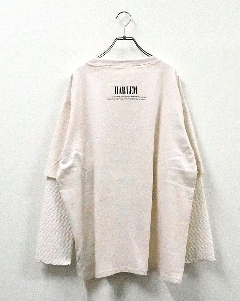 天竺パウダー加工レイヤードロンT 長袖Tシャツ ロンT フォトプリント ロゴTシャツ フェイクレイヤード 重ね着風 袖ジャガード切替 異素材 ドロップショルダー オーバーサイズ ユニセックス レディース ゆったり 体型カバー アメカジストリート古着風秋冬コーデ ブラックホワイト