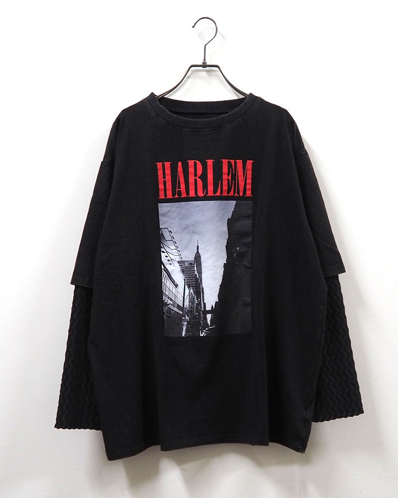 天竺パウダー加工レイヤードロンT 長袖Tシャツ ロンT フォトプリント ロゴTシャツ フェイクレイヤード 重ね着風 袖ジャガード切替 異素材 ドロップショルダー オーバーサイズ ユニセックス レディース ゆったり 体型カバー アメカジストリート古着風秋冬コーデ ブラックホワイト