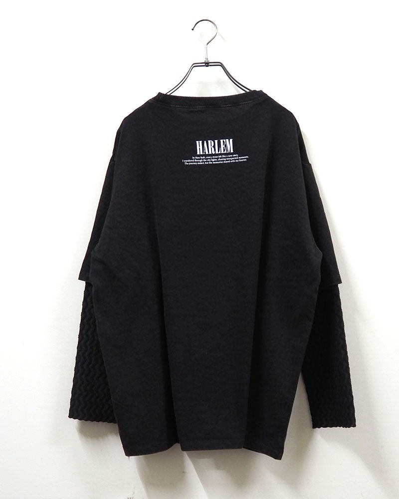 天竺パウダー加工レイヤードロンT 長袖Tシャツ ロンT フォトプリント ロゴTシャツ フェイクレイヤード 重ね着風 袖ジャガード切替 異素材 ドロップショルダー オーバーサイズ ユニセックス レディース ゆったり 体型カバー アメカジストリート古着風秋冬コーデ ブラックホワイト