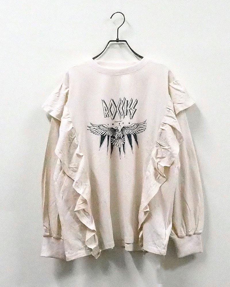 天竺パウダー加工フリルロンT 長袖Tシャツ ロンT フリルTシャツ イーグルプリント 鷲 ロックロゴ パウダー加工 ピグメント加工 縦フリル ボリュームスリーブ オーバーサイズ レディース ゆったり 体型カバー 甘辛MIXストリート古着風秋冬コーデ アイボリースミクロブラウン