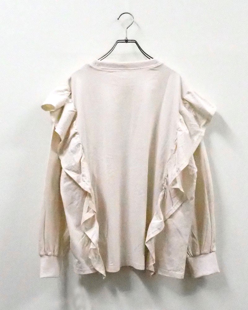 天竺パウダー加工フリルロンT 長袖Tシャツ ロンT フリルTシャツ イーグルプリント 鷲 ロックロゴ パウダー加工 ピグメント加工 縦フリル ボリュームスリーブ オーバーサイズ レディース ゆったり 体型カバー 甘辛MIXストリート古着風秋冬コーデ アイボリースミクロブラウン