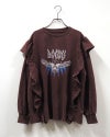 天竺パウダー加工フリルロンT 長袖Tシャツ ロンT フリルTシャツ イーグルプリント 鷲 ロックロゴ パウダー加工 ピグメント加工 縦フリル ボリュームスリーブ オーバーサイズ レディース ゆったり 体型カバー 甘辛MIXストリート古着風秋冬コーデ アイボリースミクロブラウン