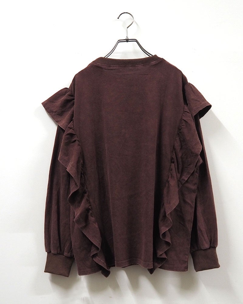 天竺パウダー加工フリルロンT 長袖Tシャツ ロンT フリルTシャツ イーグルプリント 鷲 ロックロゴ パウダー加工 ピグメント加工 縦フリル ボリュームスリーブ オーバーサイズ レディース ゆったり 体型カバー 甘辛MIXストリート古着風秋冬コーデ アイボリースミクロブラウン