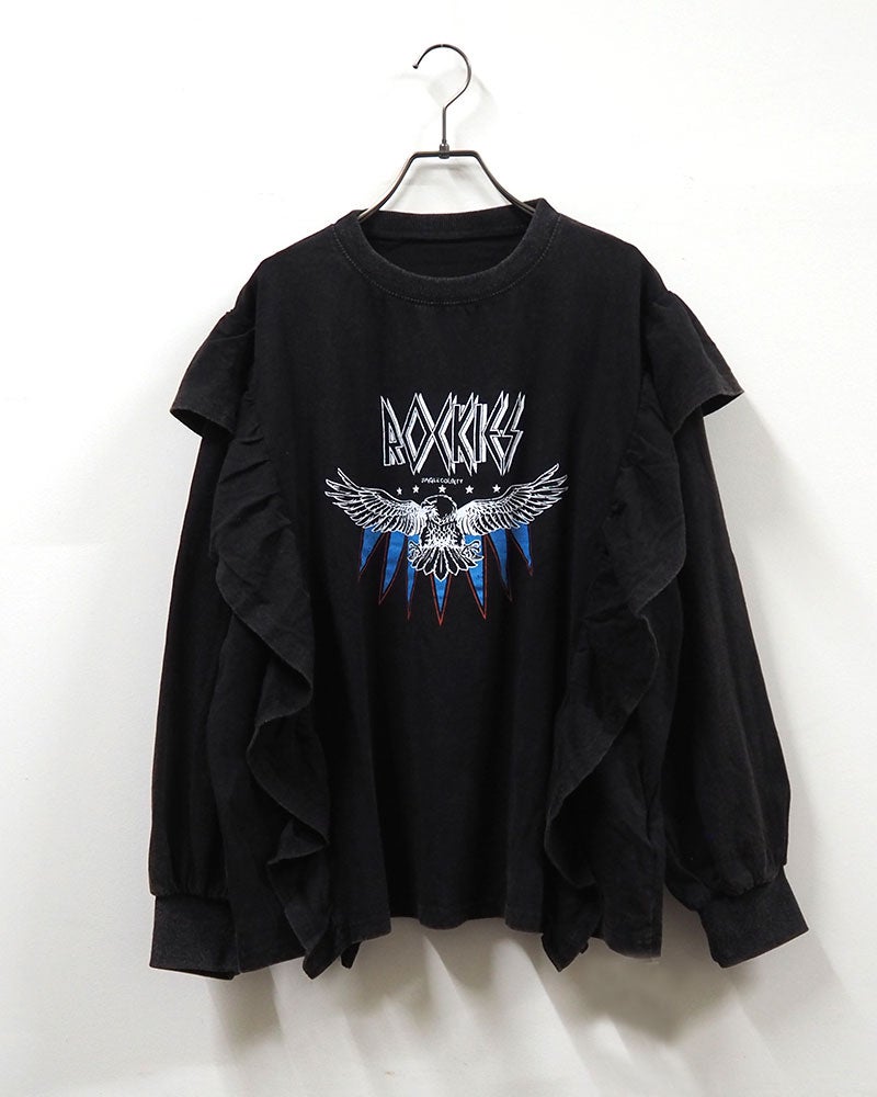 天竺パウダー加工フリルロンT 長袖Tシャツ ロンT フリルTシャツ イーグルプリント 鷲 ロックロゴ パウダー加工 ピグメント加工 縦フリル ボリュームスリーブ オーバーサイズ レディース ゆったり 体型カバー 甘辛MIXストリート古着風秋冬コーデ アイボリースミクロブラウン