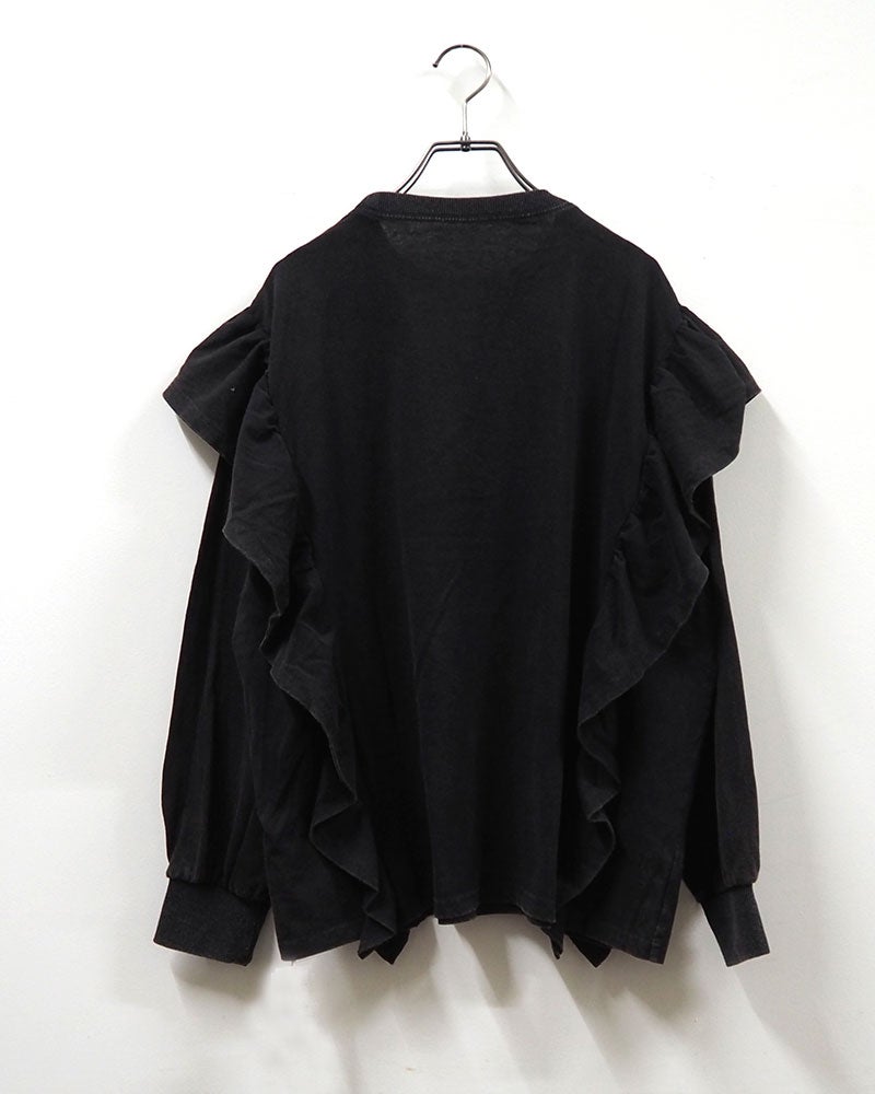 天竺パウダー加工フリルロンT 長袖Tシャツ ロンT フリルTシャツ イーグルプリント 鷲 ロックロゴ パウダー加工 ピグメント加工 縦フリル ボリュームスリーブ オーバーサイズ レディース ゆったり 体型カバー 甘辛MIXストリート古着風秋冬コーデ アイボリースミクロブラウン