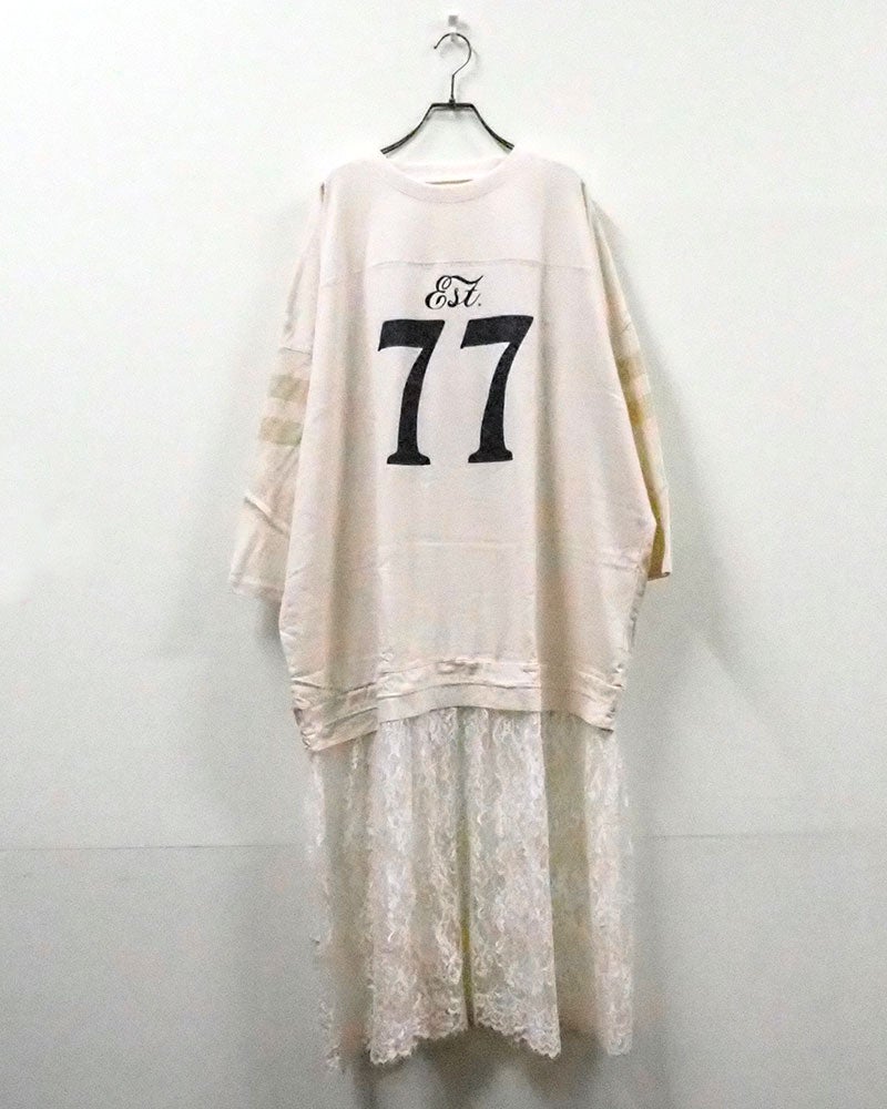 天竺パウダー裾ドロナンバーチュニック チュニック Tシャツ ナンバリング フットボールT レースドッキング 裾ドロスト パウダー加工 ピグメント加工 レース切替 ドロップショルダー オーバーサイズ レディース ゆったり 体型カバー 甘辛MIX古着風秋冬コーデ ブラウンオレンジグリーンアイボリー