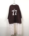 天竺パウダー裾ドロナンバーチュニック チュニック Tシャツ ナンバリング フットボールT レースドッキング 裾ドロスト パウダー加工 ピグメント加工 レース切替 ドロップショルダー オーバーサイズ レディース ゆったり 体型カバー 甘辛MIX古着風秋冬コーデ ブラウンオレンジグリーンアイボリー