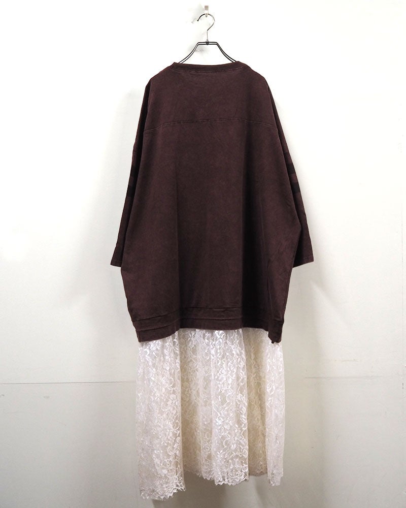 天竺パウダー裾ドロナンバーチュニック チュニック Tシャツ ナンバリング フットボールT レースドッキング 裾ドロスト パウダー加工 ピグメント加工 レース切替 ドロップショルダー オーバーサイズ レディース ゆったり 体型カバー 甘辛MIX古着風秋冬コーデ ブラウンオレンジグリーンアイボリー