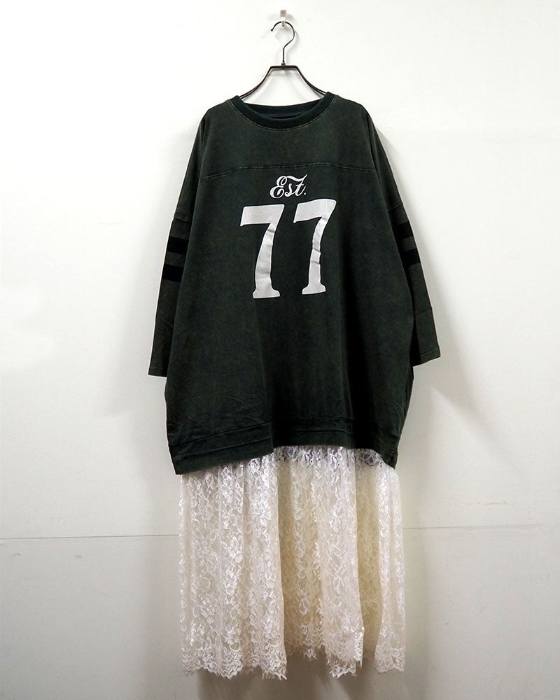 天竺パウダー裾ドロナンバーチュニック チュニック Tシャツ ナンバリング フットボールT レースドッキング 裾ドロスト パウダー加工 ピグメント加工 レース切替 ドロップショルダー オーバーサイズ レディース ゆったり 体型カバー 甘辛MIX古着風秋冬コーデ ブラウンオレンジグリーンアイボリー