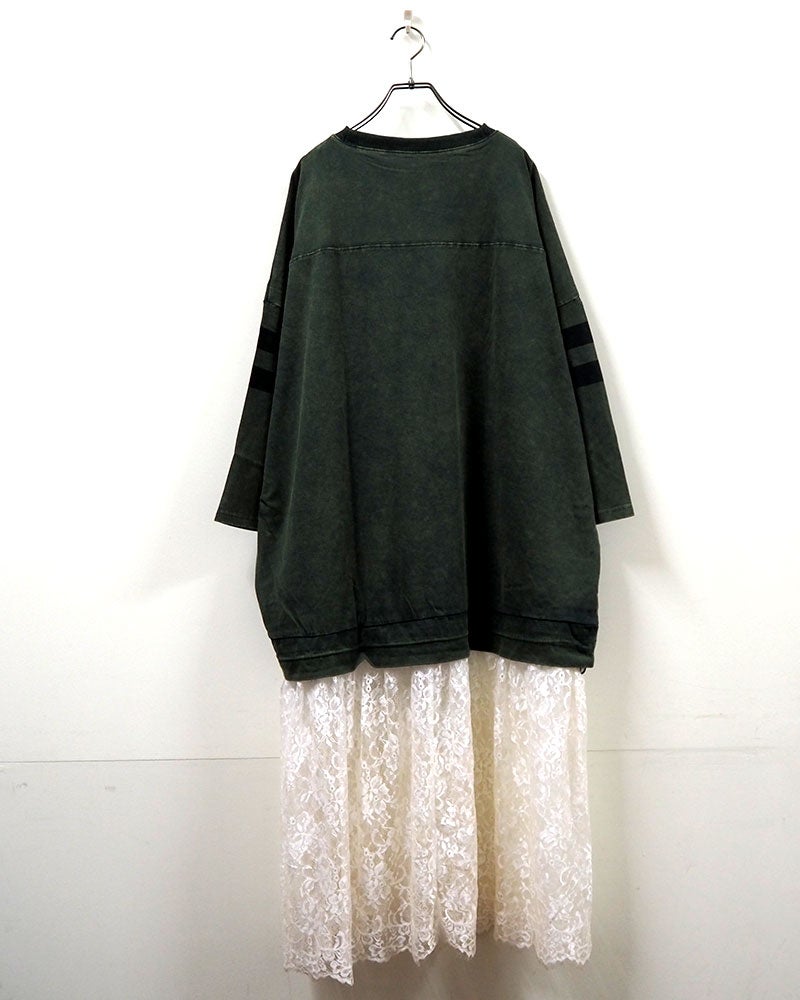 天竺パウダー裾ドロナンバーチュニック チュニック Tシャツ ナンバリング フットボールT レースドッキング 裾ドロスト パウダー加工 ピグメント加工 レース切替 ドロップショルダー オーバーサイズ レディース ゆったり 体型カバー 甘辛MIX古着風秋冬コーデ ブラウンオレンジグリーンアイボリー