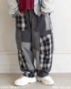 パッチワークデザインパンツ リメイク風パンツ イージーパンツ ワイドパンツ 異素材ドッキング チェック柄 ヘリンボーン デニム フロントジップ バックゴム ウエストゴム ユニセックス レディース 体型カバー アメカジ古着風秋冬コーデ マルチカラー