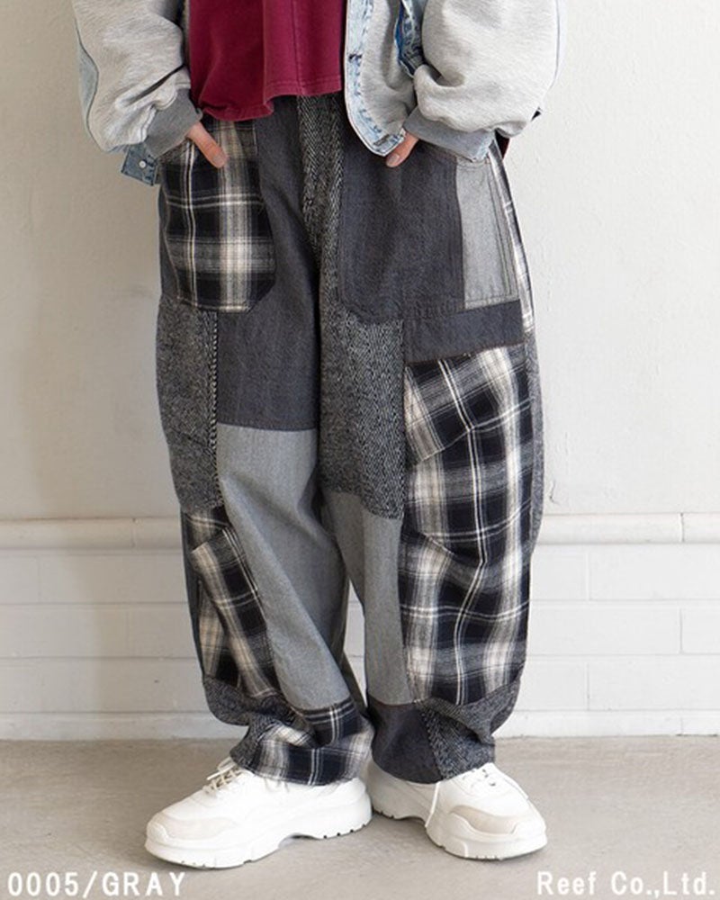 パッチワークデザインパンツ リメイク風パンツ イージーパンツ ワイドパンツ 異素材ドッキング チェック柄 ヘリンボーン デニム フロントジップ バックゴム ウエストゴム ユニセックス レディース 体型カバー アメカジ古着風秋冬コーデ マルチカラー
