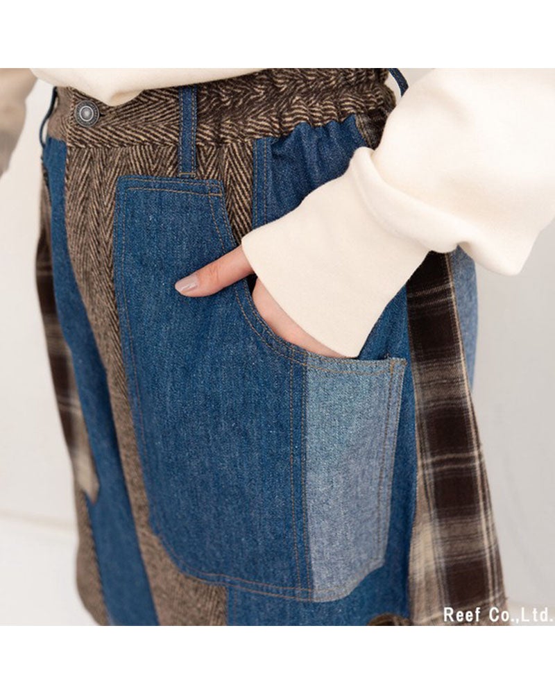 パッチワークデザインパンツ リメイク風パンツ イージーパンツ ワイドパンツ 異素材ドッキング チェック柄 ヘリンボーン デニム フロントジップ バックゴム ウエストゴム ユニセックス レディース 体型カバー アメカジ古着風秋冬コーデ マルチカラー